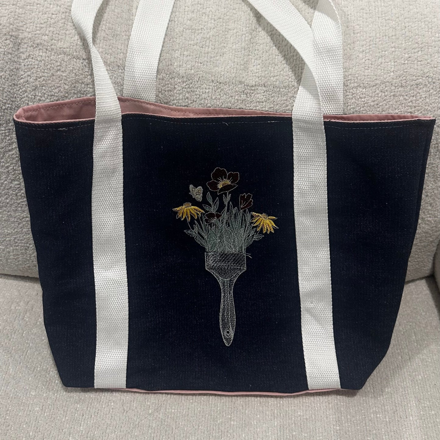 Denim embroidered tote bag